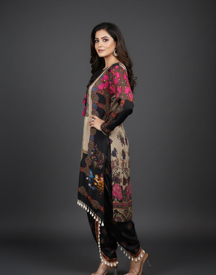 Ovyana Signature Soft Satin Tunic & Palazzo Set | Contemporary Botanical Print