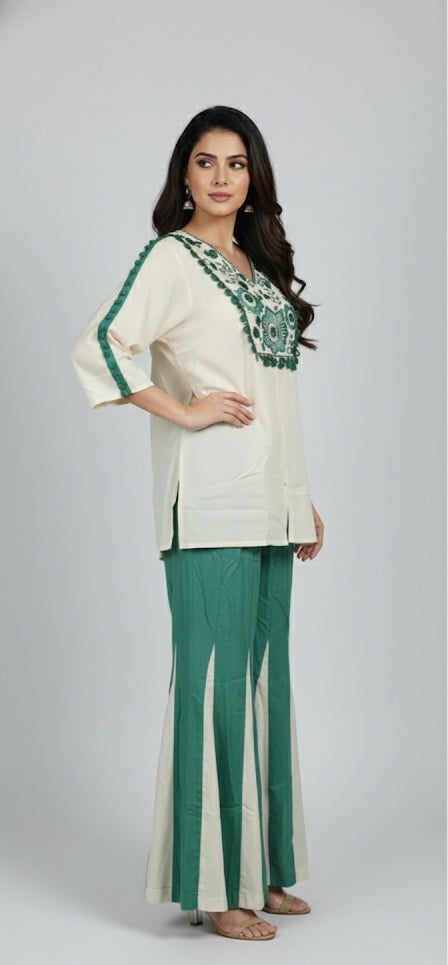 Royal Emerald Cream Thread-Work Kurta With Designer Flared Palazzo