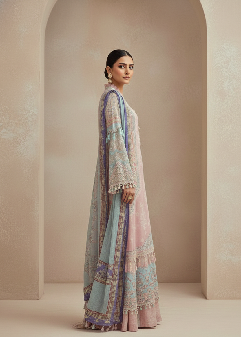 Blush Pink & Aqua Blue Printed Suit Set with Dupatta