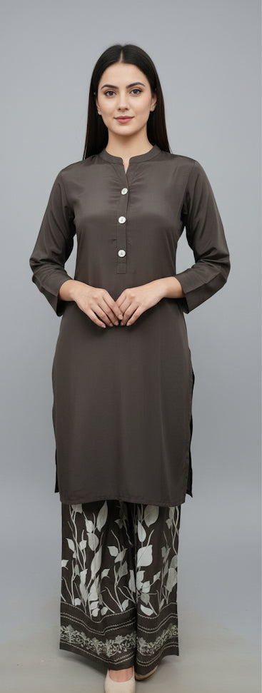 Soft Satin Tunic & Palazzo Set | Contemporary Botanical Print