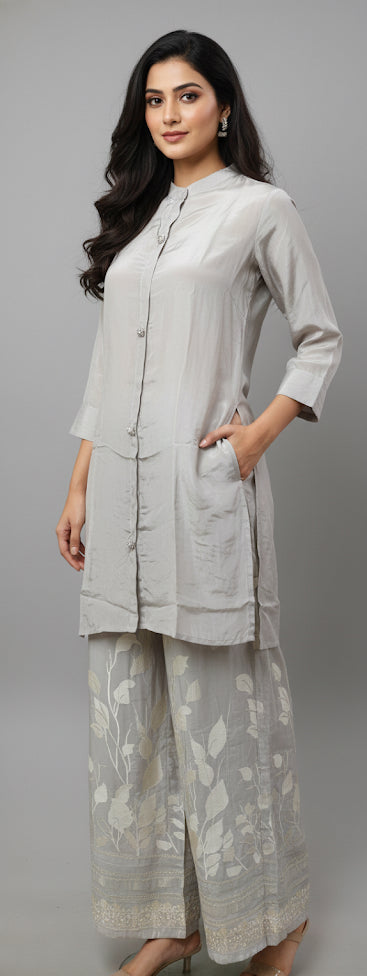 Soft Satin Tunic & Palazzo Set | Contemporary Botanical Print