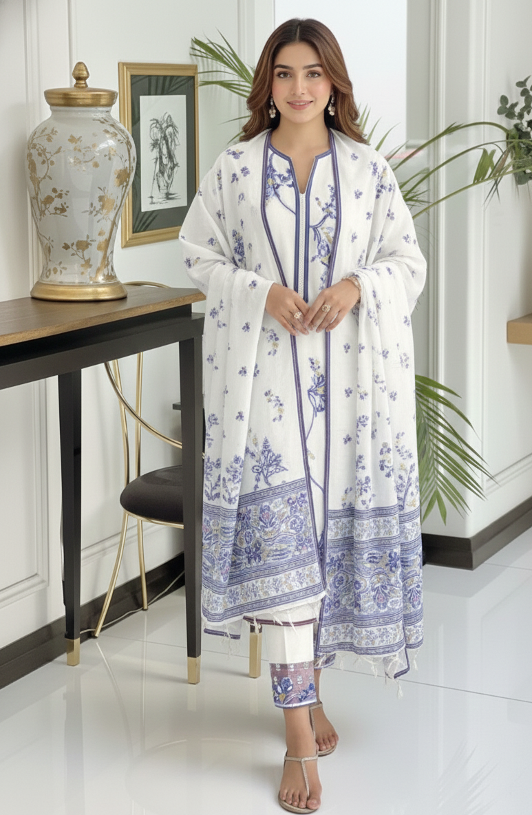 Ivory Blue Floral Printed Suit Set with Dupatta