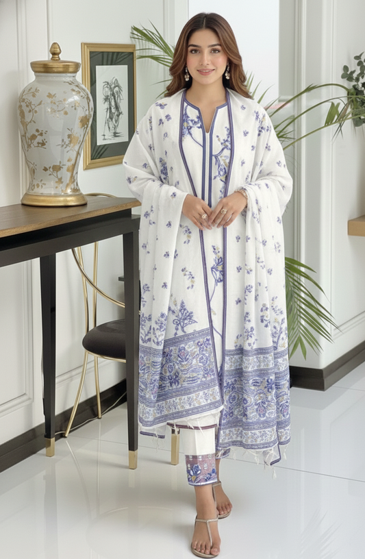Ivory Blue Floral Printed Suit Set with Dupatta