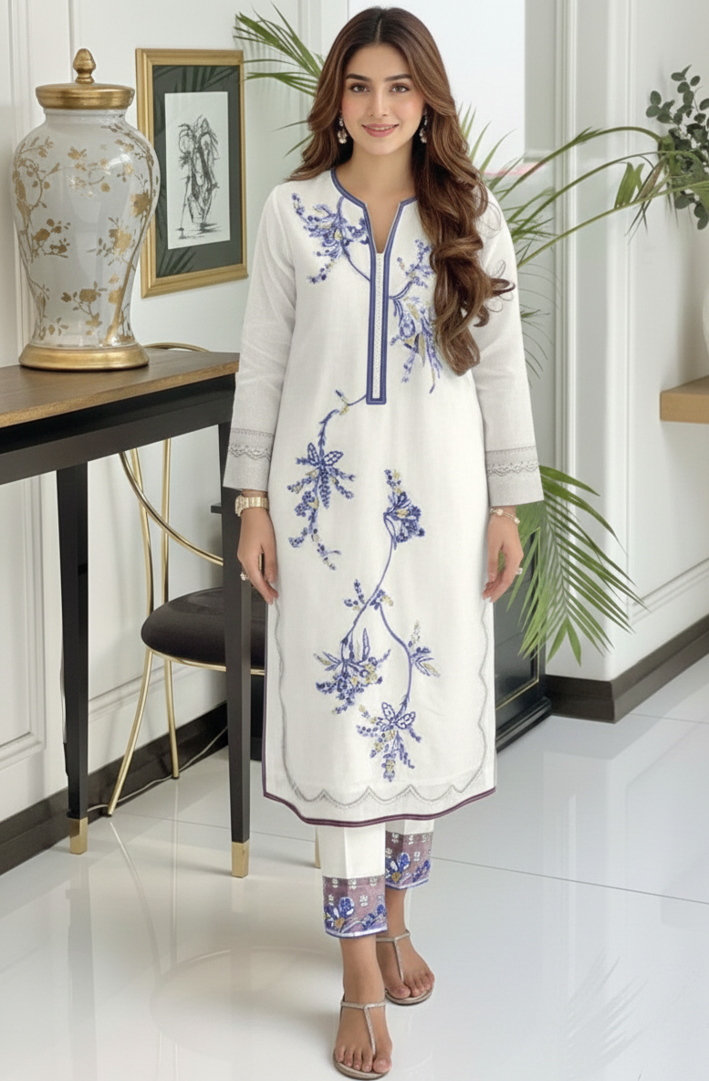 Ivory Blue Floral Printed Suit Set with Dupatta