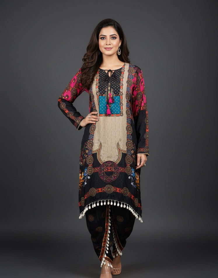 Ovyana Signature Soft Satin Tunic & Palazzo Set | Contemporary Botanical Print