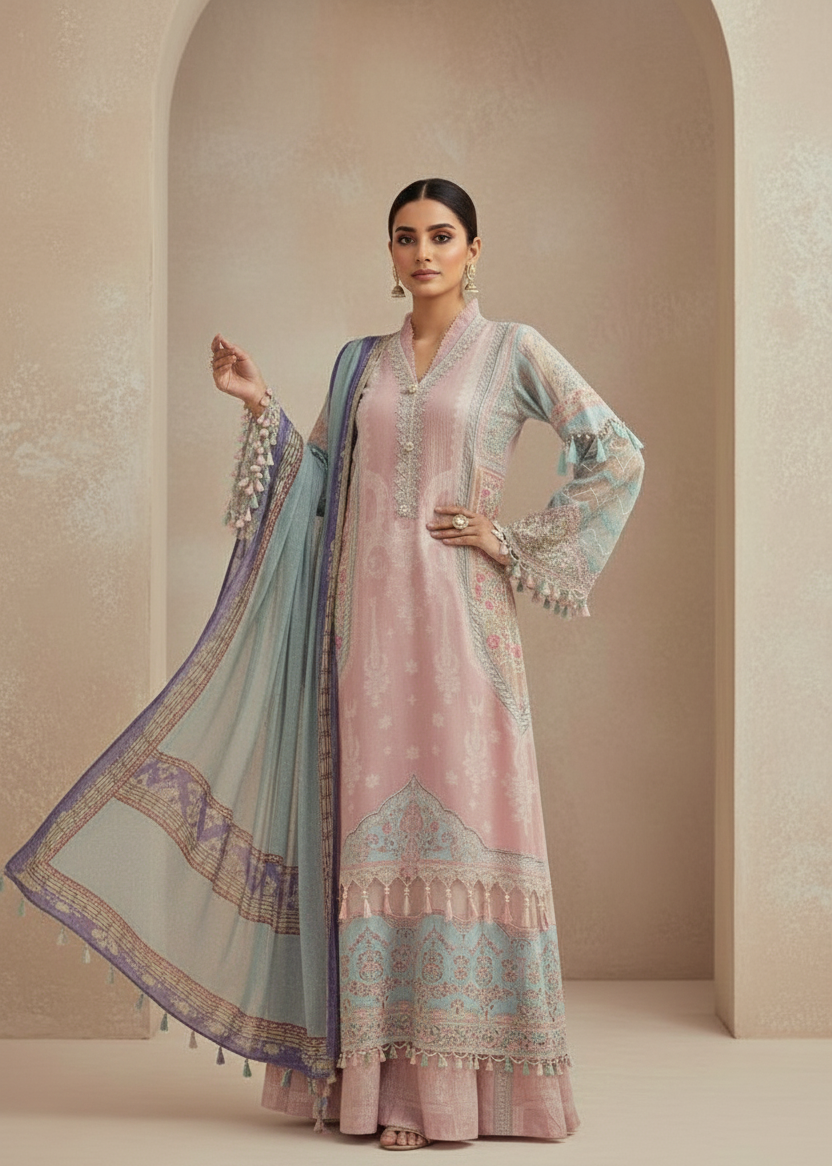 Blush Pink & Aqua Blue Printed Suit Set with Dupatta