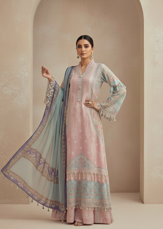 Blush Pink & Aqua Blue Printed Suit Set with Dupatta