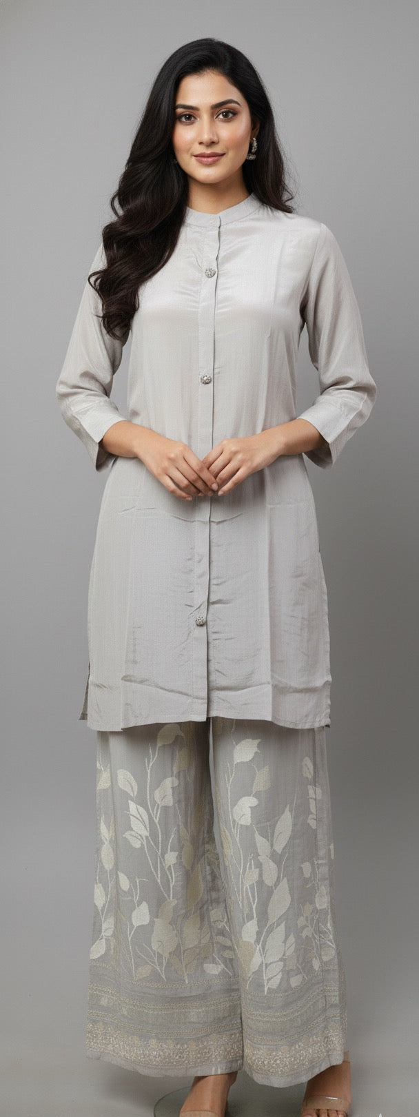 Soft Satin Tunic & Palazzo Set | Contemporary Botanical Print