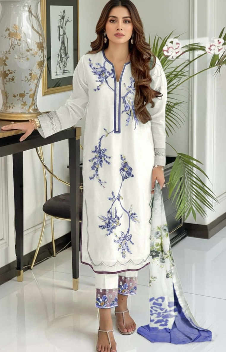Ivory Blue Floral Printed Suit Set with Dupatta