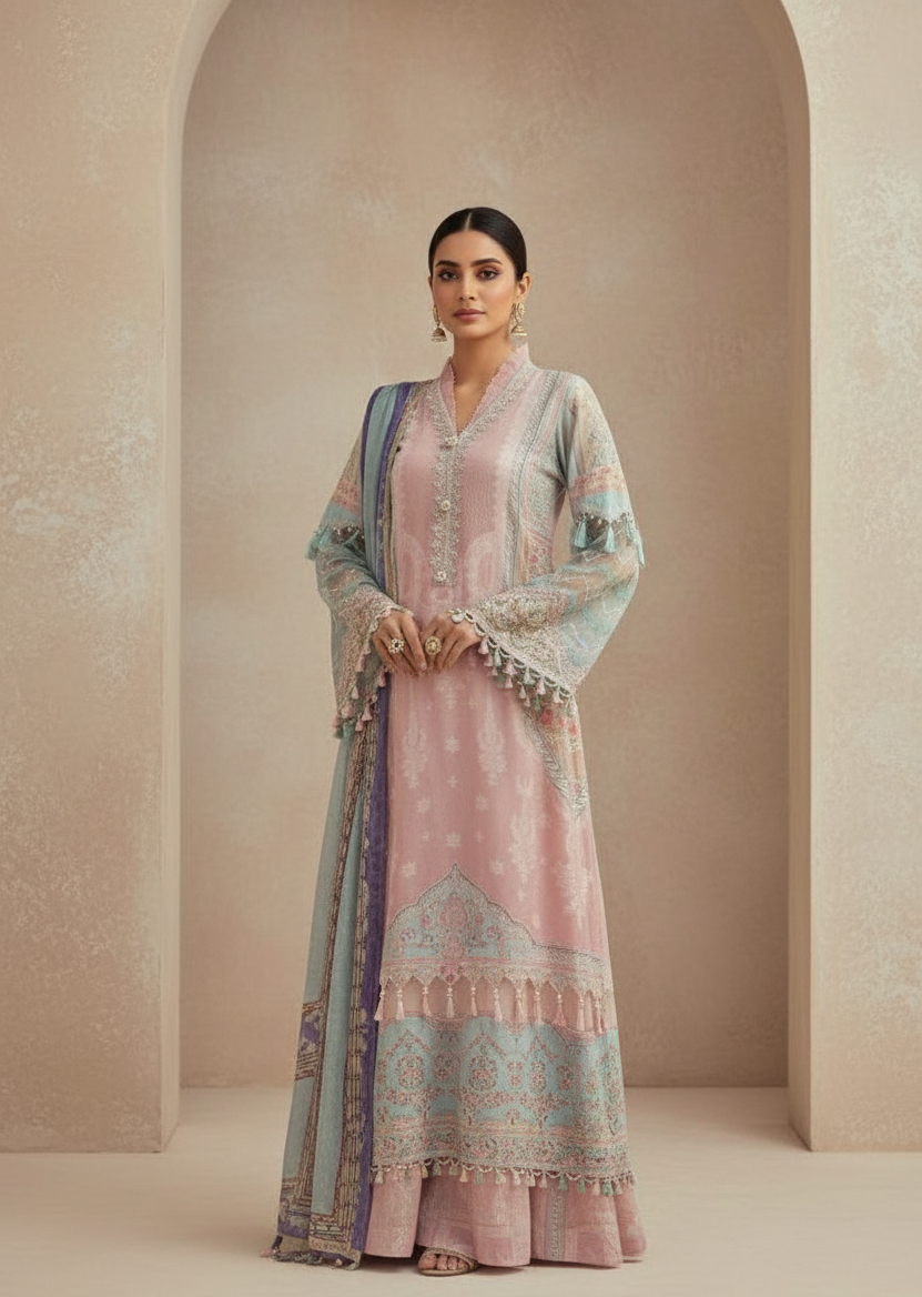 Blush Pink & Aqua Blue Printed Suit Set with Dupatta