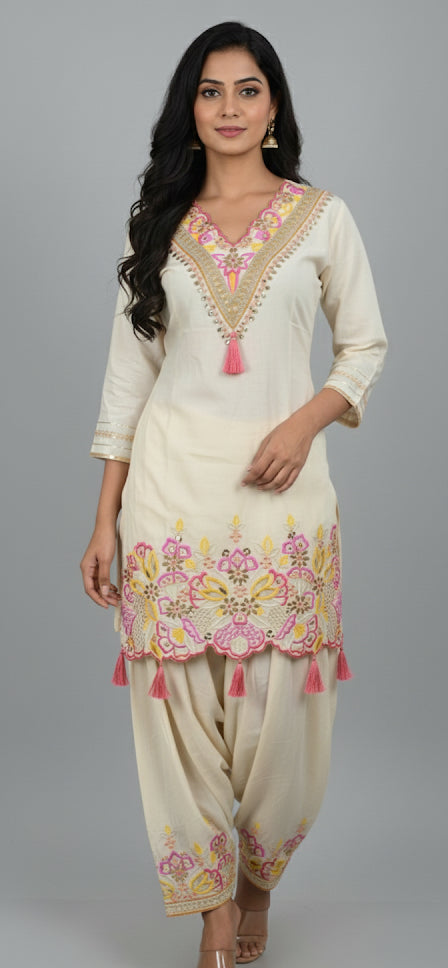 Hand-Embroidered Patiala Tunic Set with Tassels | Soft Luxury Collecti