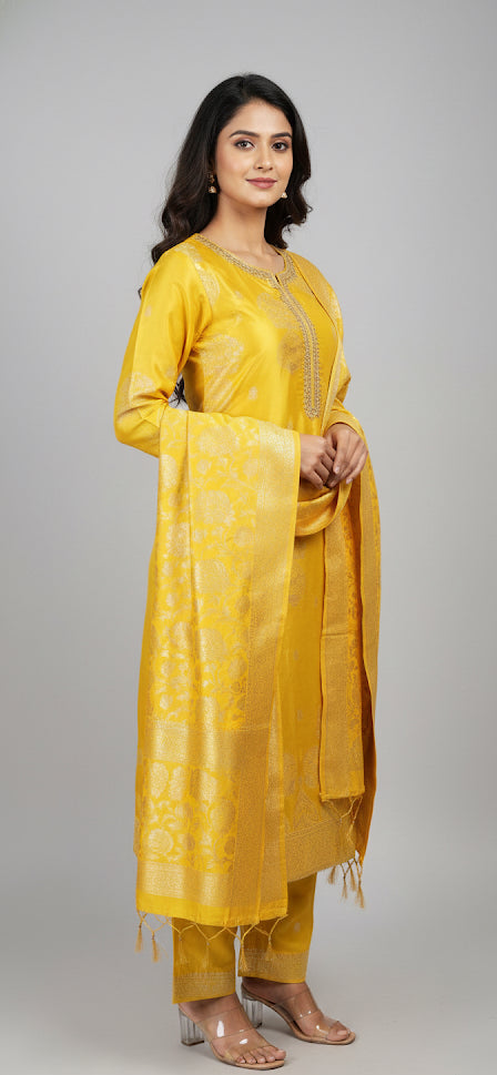 Opulent Banarasi Silk Blend Suit Set - Sun Yellow