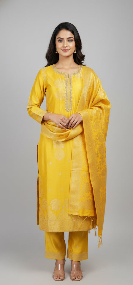 Opulent Banarasi Silk Blend Suit Set - Sun Yellow