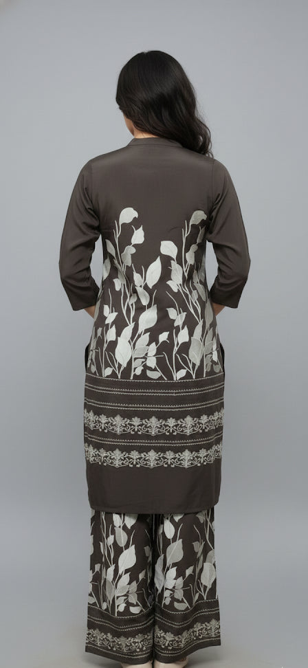 Soft Satin Tunic & Palazzo Set | Contemporary Botanical Print