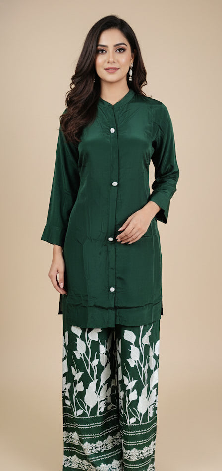 Soft Satin Tunic & Palazzo Set | Contemporary Botanical Print