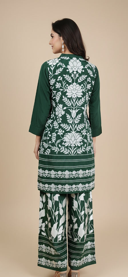 Soft Satin Tunic & Palazzo Set | Contemporary Botanical Print